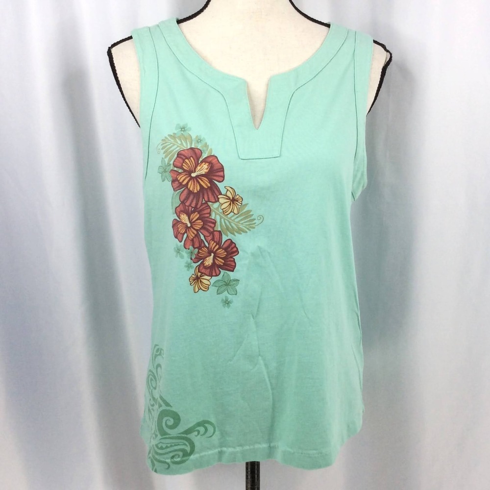 Vintage 80s Crazy Shirts Hawaiian Tank Top Women's Size Large Sage Green Floral